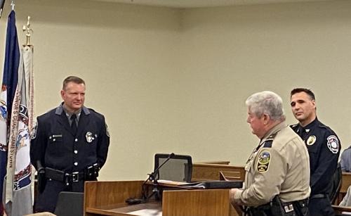 Sheriff Joe McLaughlin of New Kent County and Chief’s Huchler (MWAA Police) and Kochis (Charlottesville PD) present a retirement plaque to Colonel Pike for his service on the VLEPSC Commission and dedication to law enforcement in the Commonwealth.